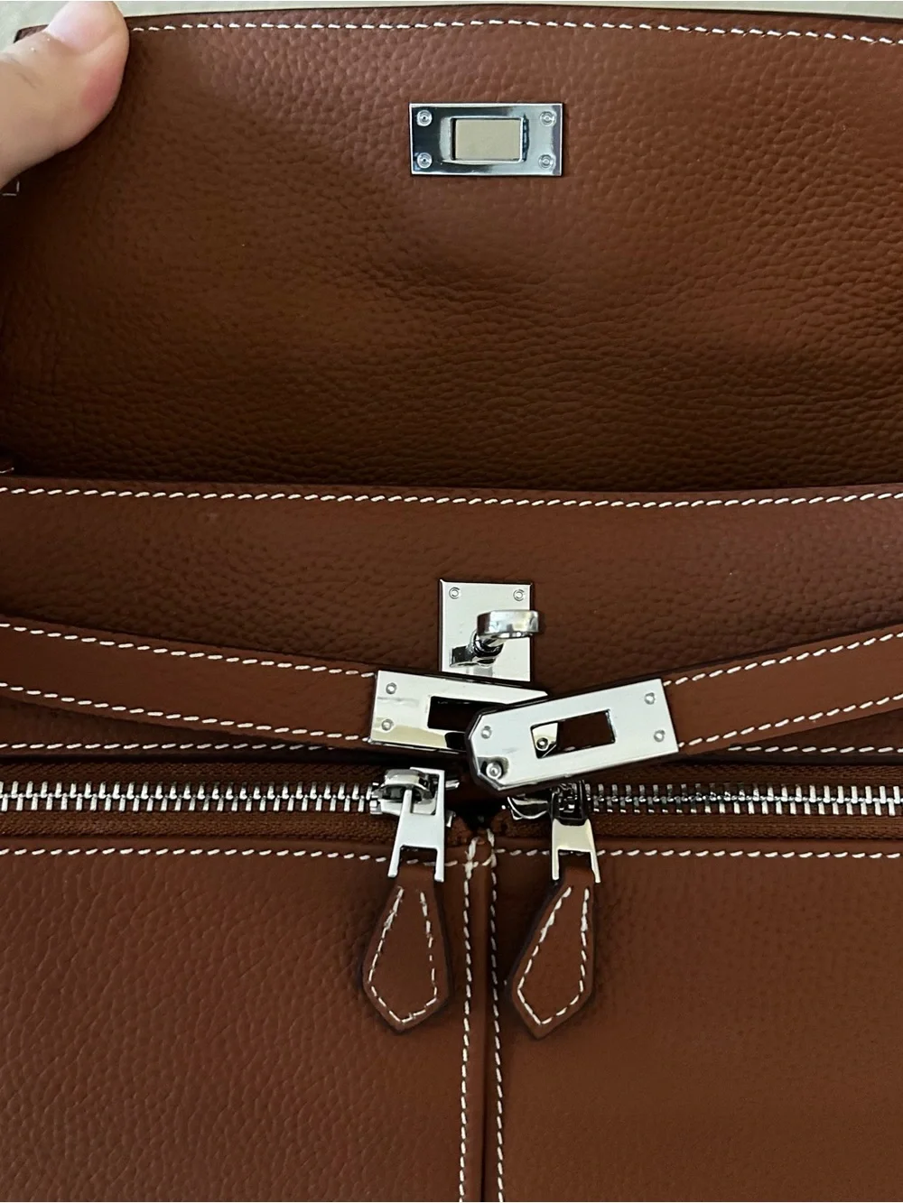 25cm Double Front Pocket Brown Leather Satchel with Scarf-Wrapped Handle